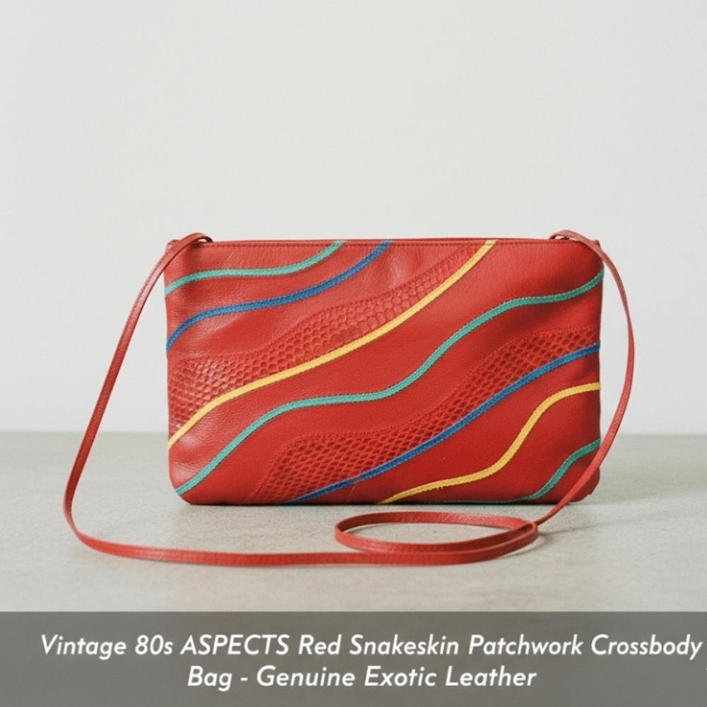 Vintage 80s ASPECTS Red Snakeskin Patchwork Crossbody Bag - Genuine Exotic Leath - Picture 15 of 15